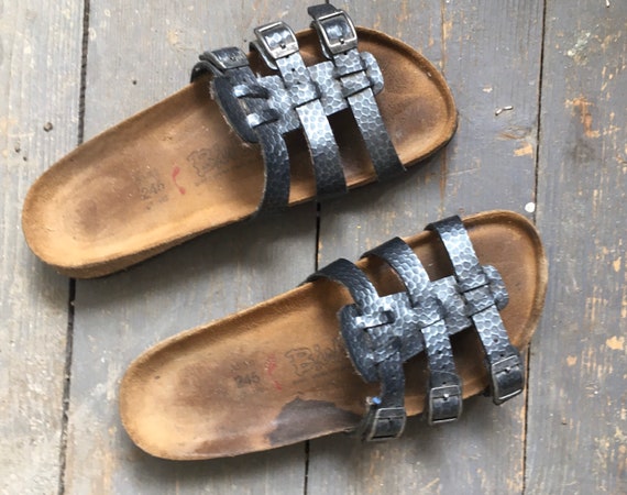 Birkenstock Sandals Leather Metallic Gray Straps - Etsy Israel
