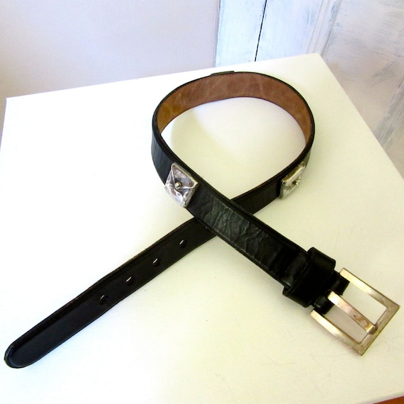 Black Leather Belt - Silver Envelopes - Brass Buck