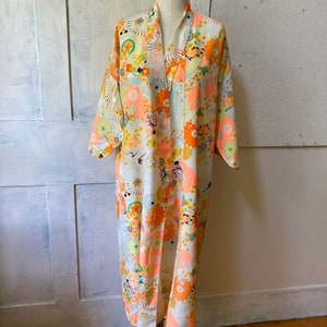 Kimono yellow orange robe polyester Asian robe belt floral print one size lingerie image 2