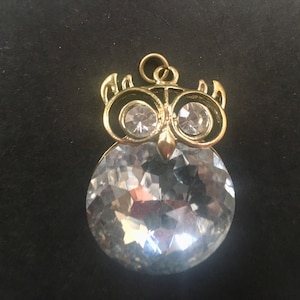 Rhinestone owl pendant - brass -  large rhinestone belly - rhinestone eyesnecklace