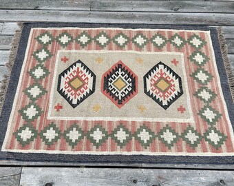 Wool rug handwoven  red white green southwest design rustic area rug