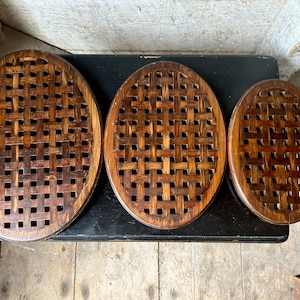 3 wood trivets oval teak wood small medium and large basket grid pattern table protector farmhouse kitchen