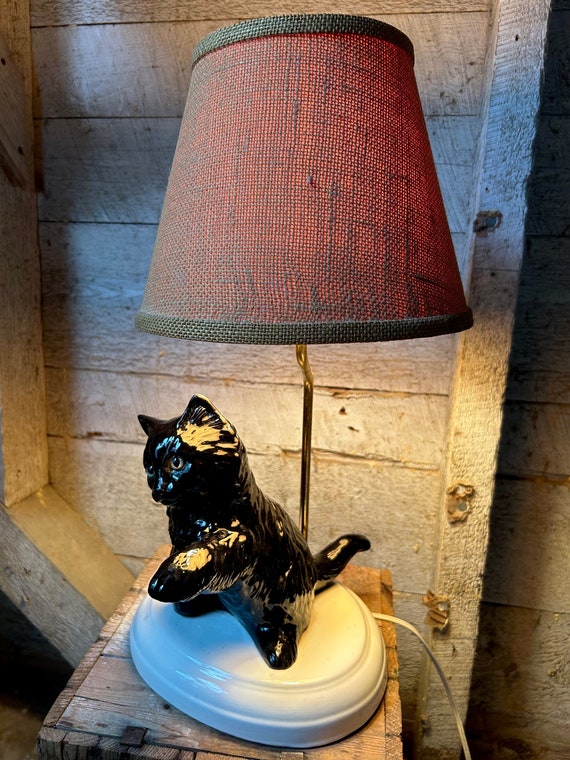 Lámpara de gato de los años 50 lámpara de mesa de cerámica pintada a mano y  pantalla gato negro -  España