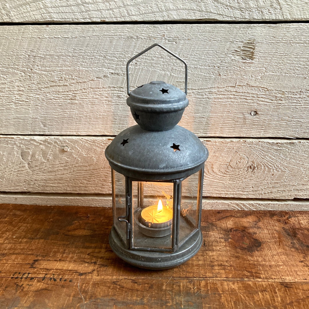 Galvanized Metal Lantern Hanging Lantern Candle Holder Hexagon Glass