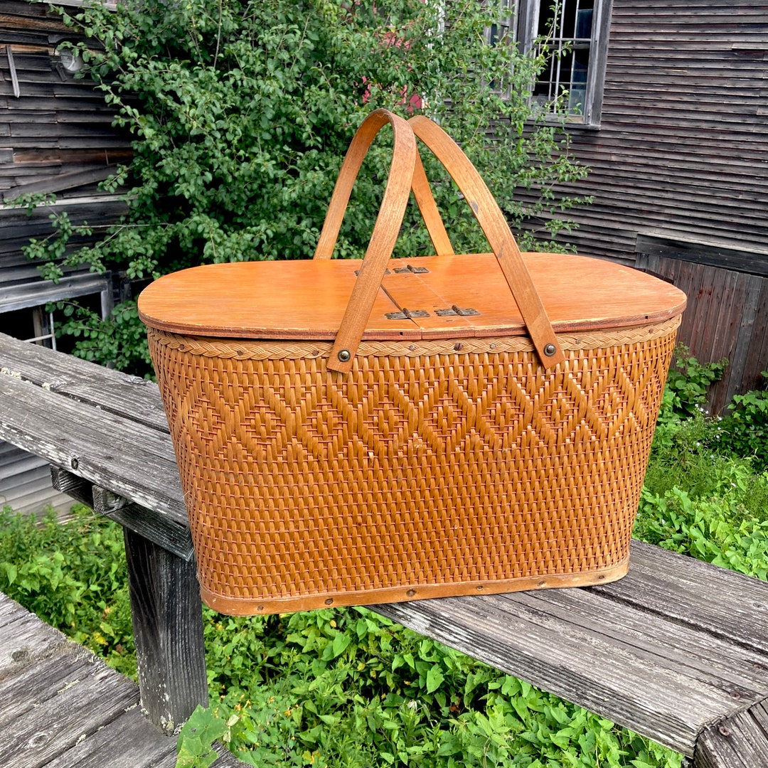 Large Picnic Basket Split Wood With 2 Lids 2 Bent Wood Handles