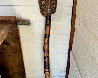 Wood walking stick natural wood branch burl wood cane handmade carved cane