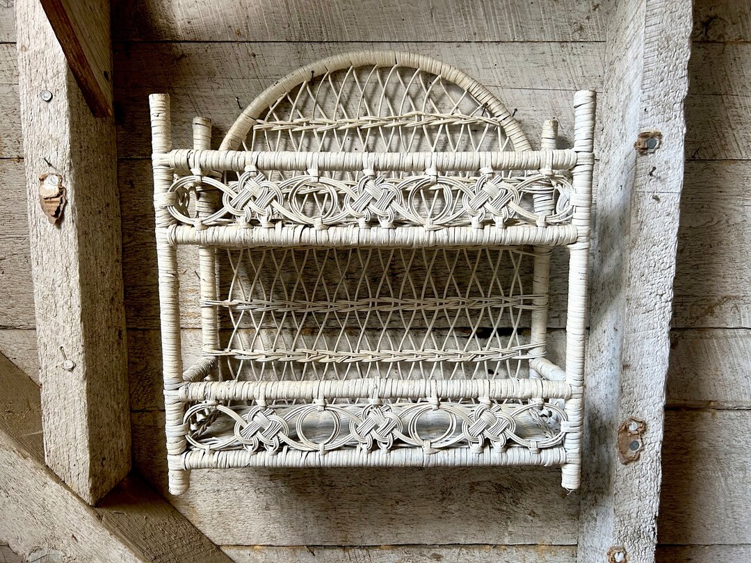 Farmhouse White Wicker Shelf Unit Bathroom Shelves Wall Shelf Unit