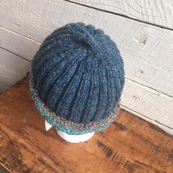 Hand knit wool hat - ribbed - blue green - handma… - image 8