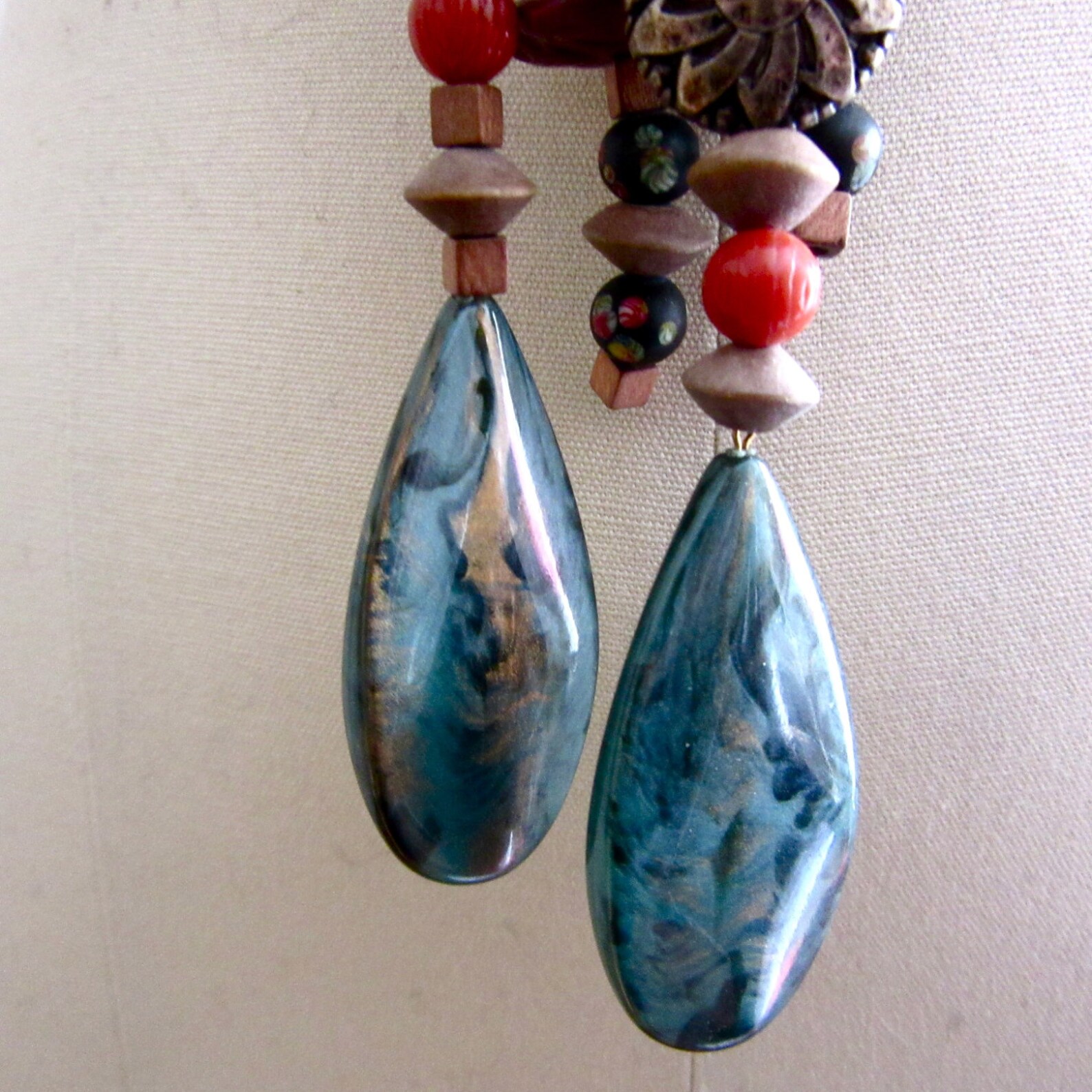 Large Bead Necklace Long Bead Necklace Glass Wood Etsy