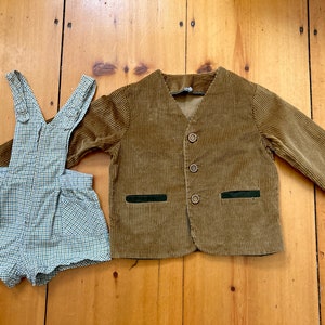 60s Childs corduroy jacket and plaid seersucker romper toddler boys outfit