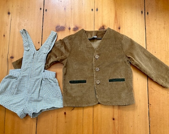 60s Childs corduroy jacket and plaid seersucker romper toddler boys outfit