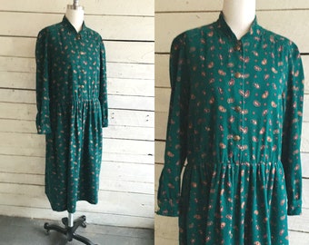 80s prairie  greens paisley brushed cotton dress - high neck - long sleeves - amish style