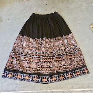 Black cotton embroidered maxi skirt - drawstring waist - mirrors - brown embroidery