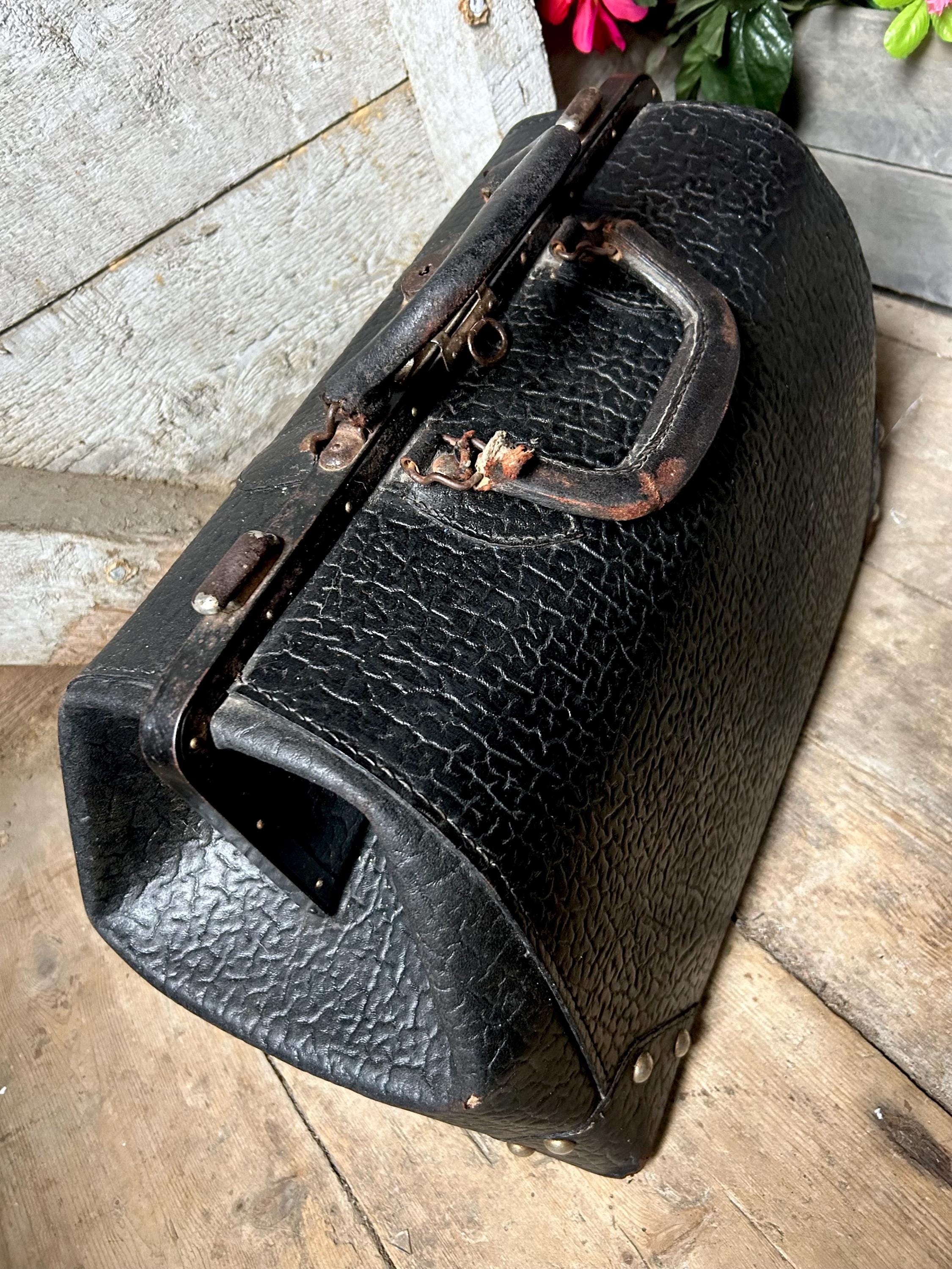 Antique Black Leather Walrus Embossed Texture Traveling Valise Bag