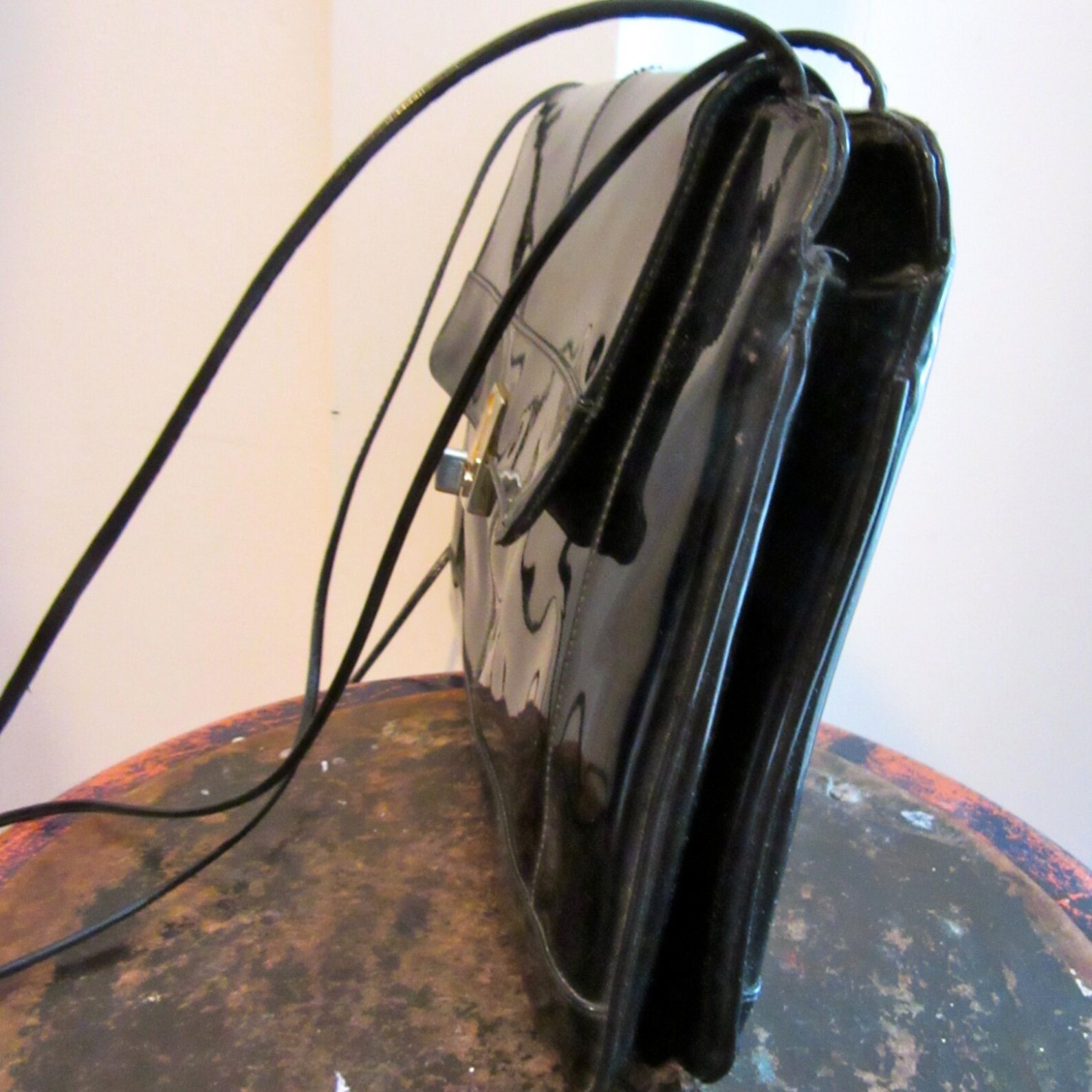 Black Patent Leather Purse Red Inside Shoulder Bag Metal Etsy