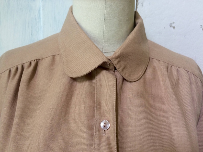button down 60s tan blouse long sleeve collar