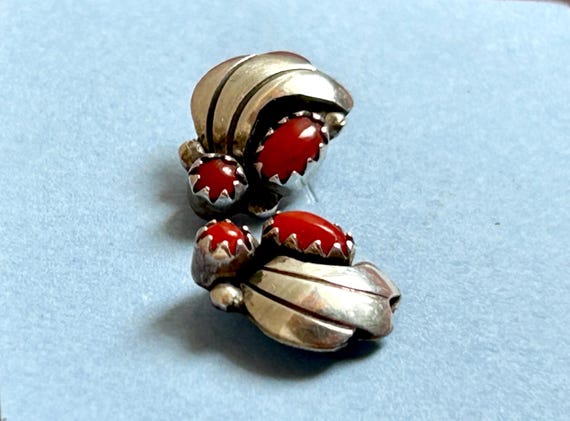 Native American coral stud earrings sterling silver View 3