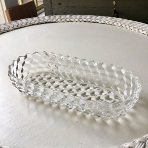 50s glass trinket dish - pressed glass  - oval - diamond shapes - serving dish - candy dish