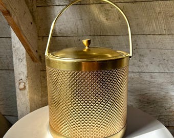 60s metal ice bucket mid century gold diamond texture Italy bar ware ice tongs