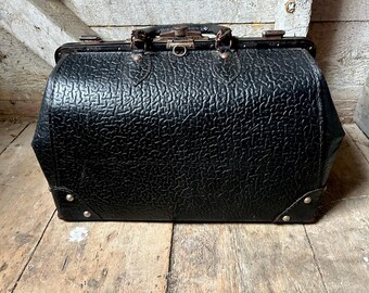 19世紀 フランス 人形用バッグ Valise Antique Black Leather Walrus Embossed Texture Traveling Valise Bag