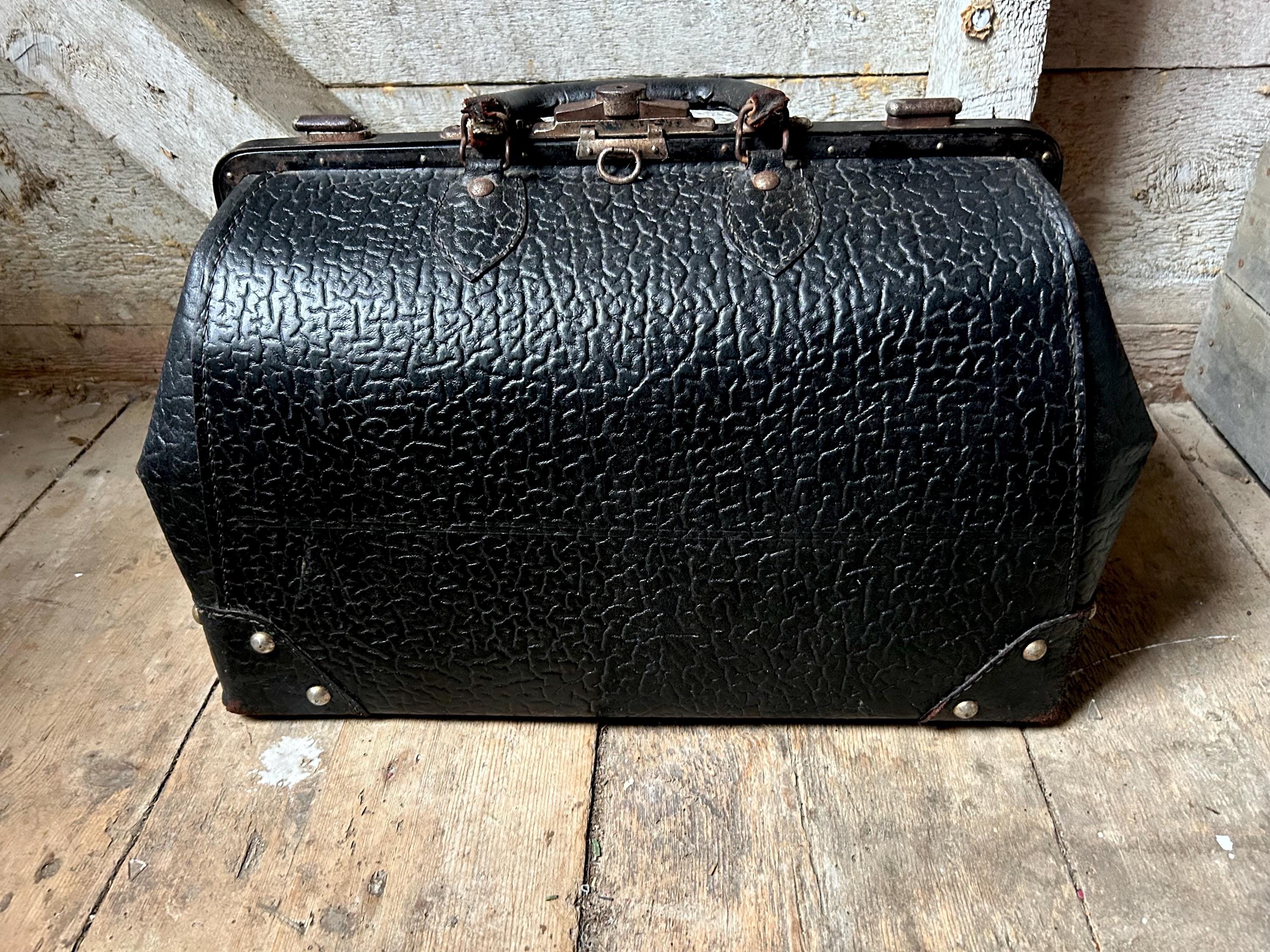 19世紀 フランス 人形用バッグ Valise Antique Black Leather Walrus