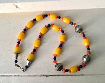 Ethnic yellow bead necklace - hippie necklace -boho necklace - Yellow glass beads - large silver etched beads - small red beads - blue beads