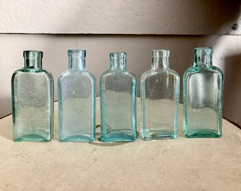 5 blue green antique glass bottles - 20s - small bottles apothecary bottles