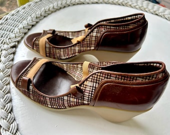 Plaid open toe wedges Glory Chen leather stiff plaid net size 8 women’s shoes open toe shoes leather lined and back leather piping edges