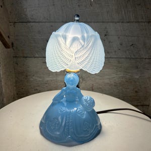 40s blue  glass boudoir lamp - southern belle lady pressed glass