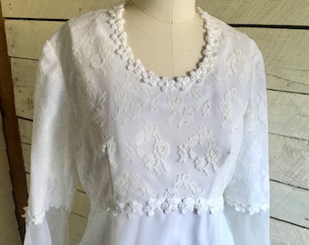 60s Chiffon wedding dress gown empire waist long sleeves bell sleeves lace bodice appliqué flowers