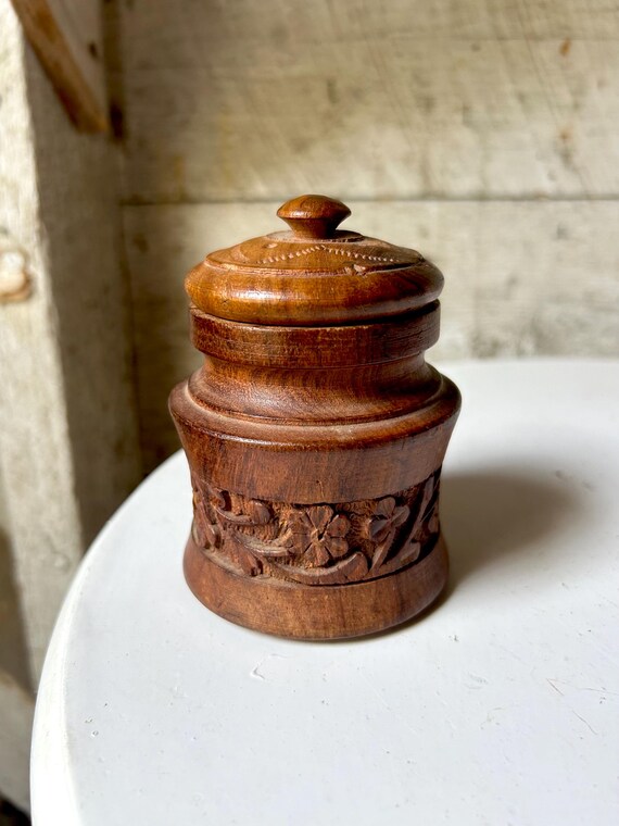 Carved wood jar container handmade lid trinket bo… - image 8