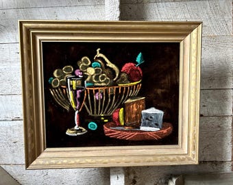 70年代のベルベット画、教会風景、手彫り、木製フレーム、メキシコ