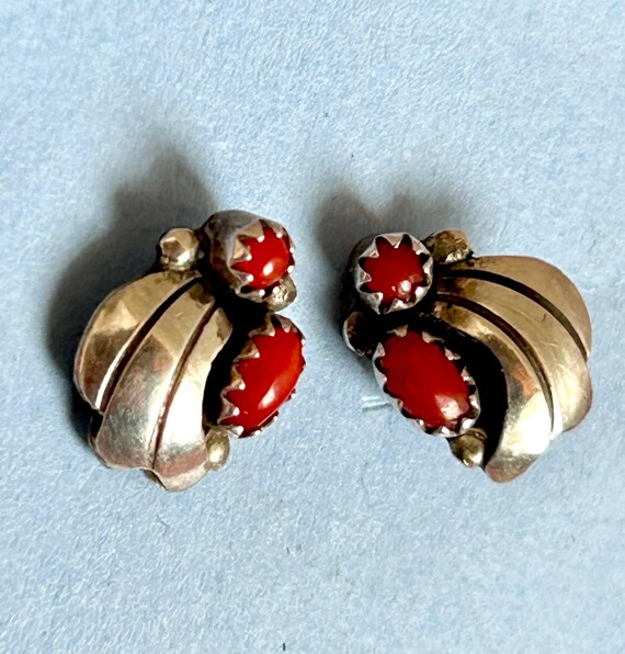 Native American coral stud earrings sterling silver
