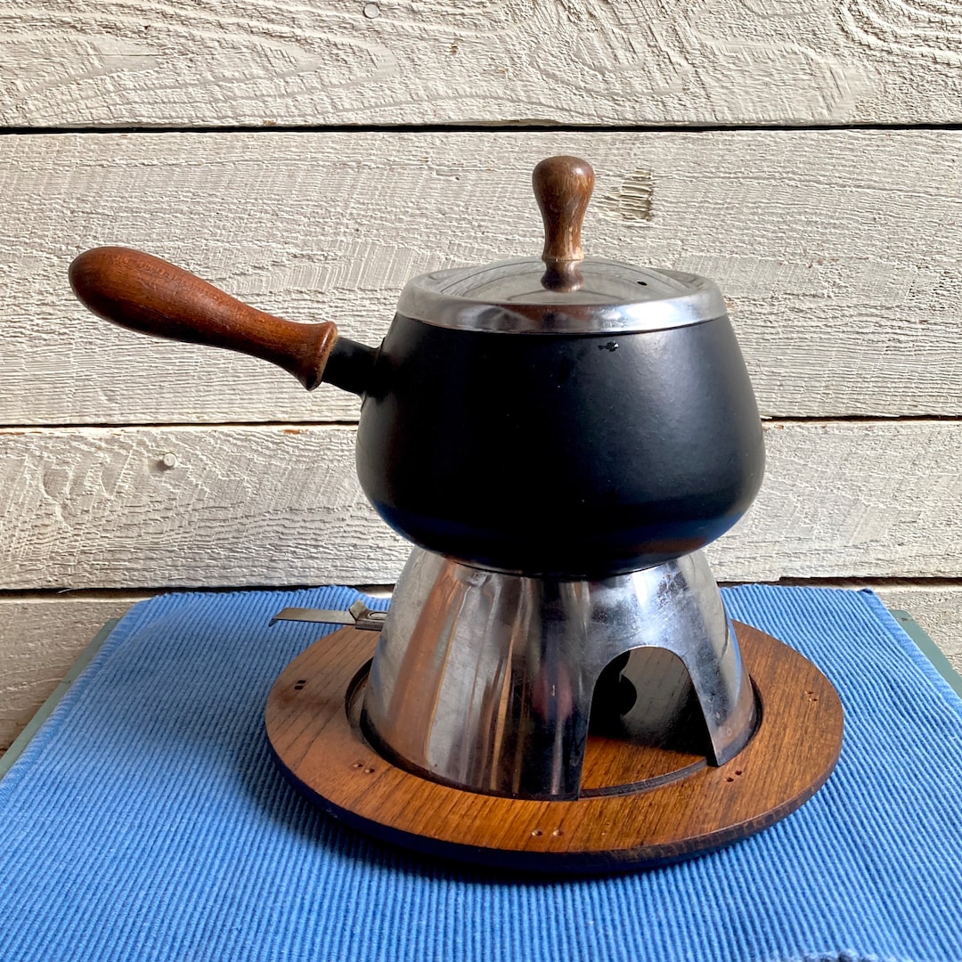 Black Enamel Fondue Pot 70s Wood Handle Burner Pot Wood Tray Stand Etsy