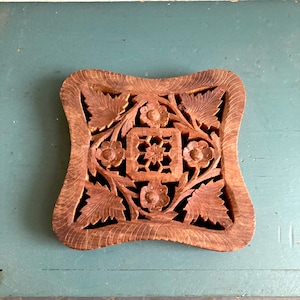 Wood trivet hand carved made in India floral decor piece