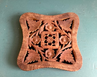 Wood trivet hand carved made in India floral decor piece