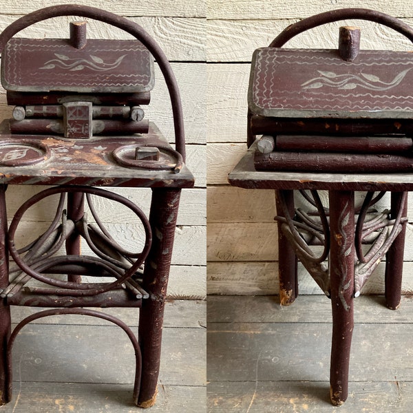 30s Adirondack twig smoking stand - cabin decor - brown with silver painted design folk art - rustic - primitive