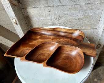 Monkey Pod wood 3 section large bowl scallop carved edge mid century tiki Philippines