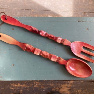Wood large salad serving fork and spoon tiki style mid century hand carved