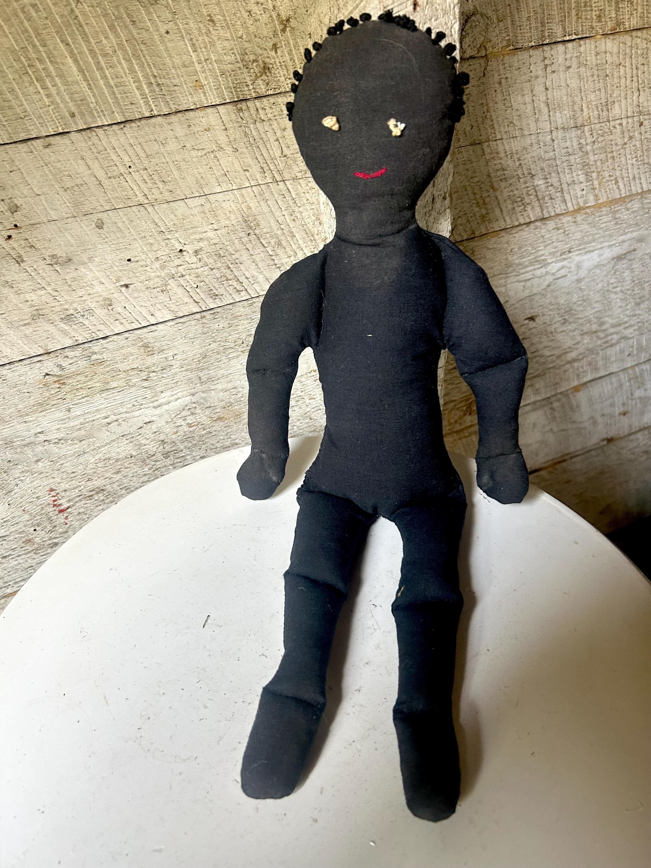Antique Black Cloth Rag Doll African American Doll Red Dress White 