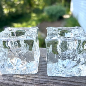 Blenko glass ice cube candle stick holders square heavy