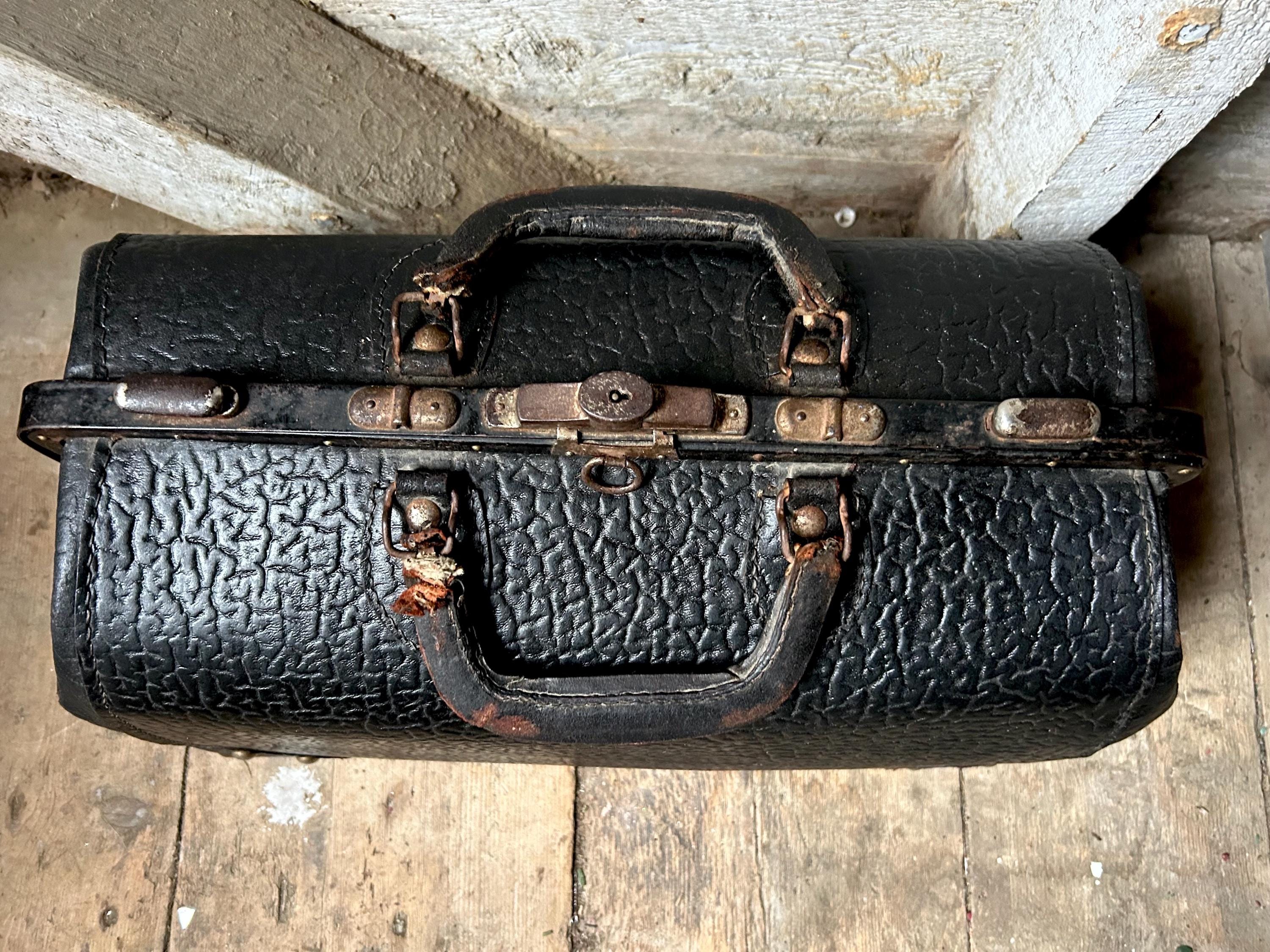 Antique Black Leather Walrus Embossed Texture Traveling Valise Bag