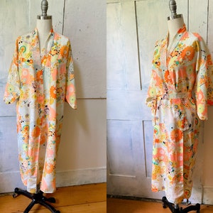 Kimono yellow orange robe polyester Asian robe belt floral print one size lingerie image 1