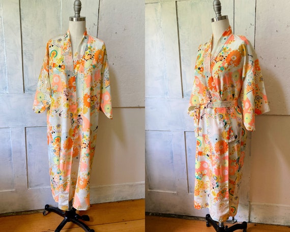 Kimono yellow orange robe - polyester - Asian rob… - image 1