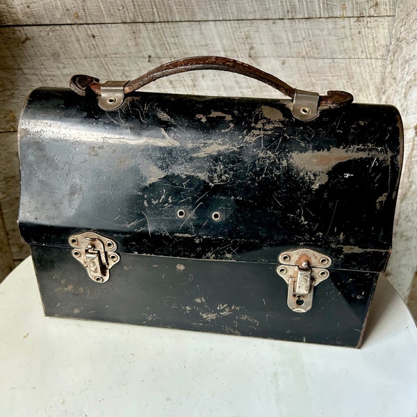 Black metal lunch box storage Handy Andy worker lunch pail distressed leather handle