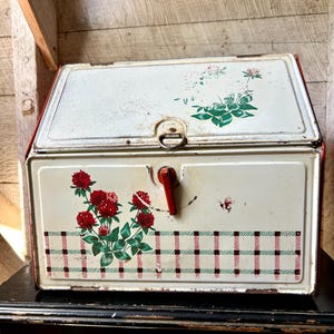 Può includere: Portapane vintage in metallo bianco con finiture rosse. La scatola presenta un design floreale rosso e verde con un motivo a quadri rossi e neri. Sono visibili anche una maniglia rossa e una piccola grafica a forma di ape.