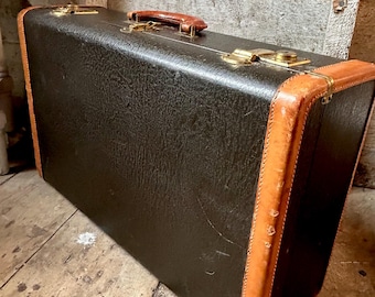 Vintage leather large suitcase brass hardware plaid linen lining
