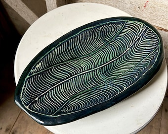 Handmade ceramic art platter green black  carved glazed design hand built artist made