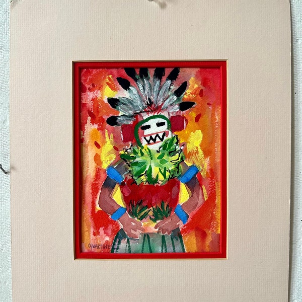 Kachina watercolor painting on paper matted O Martinez original art wall decor