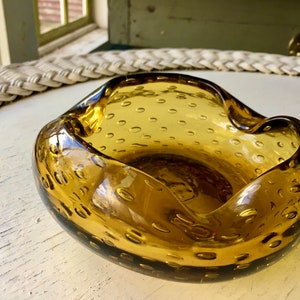 Murano hand blown art glass bowl - yellow gold - large bubbles - wavy edge - heavy - handmade Mid Century